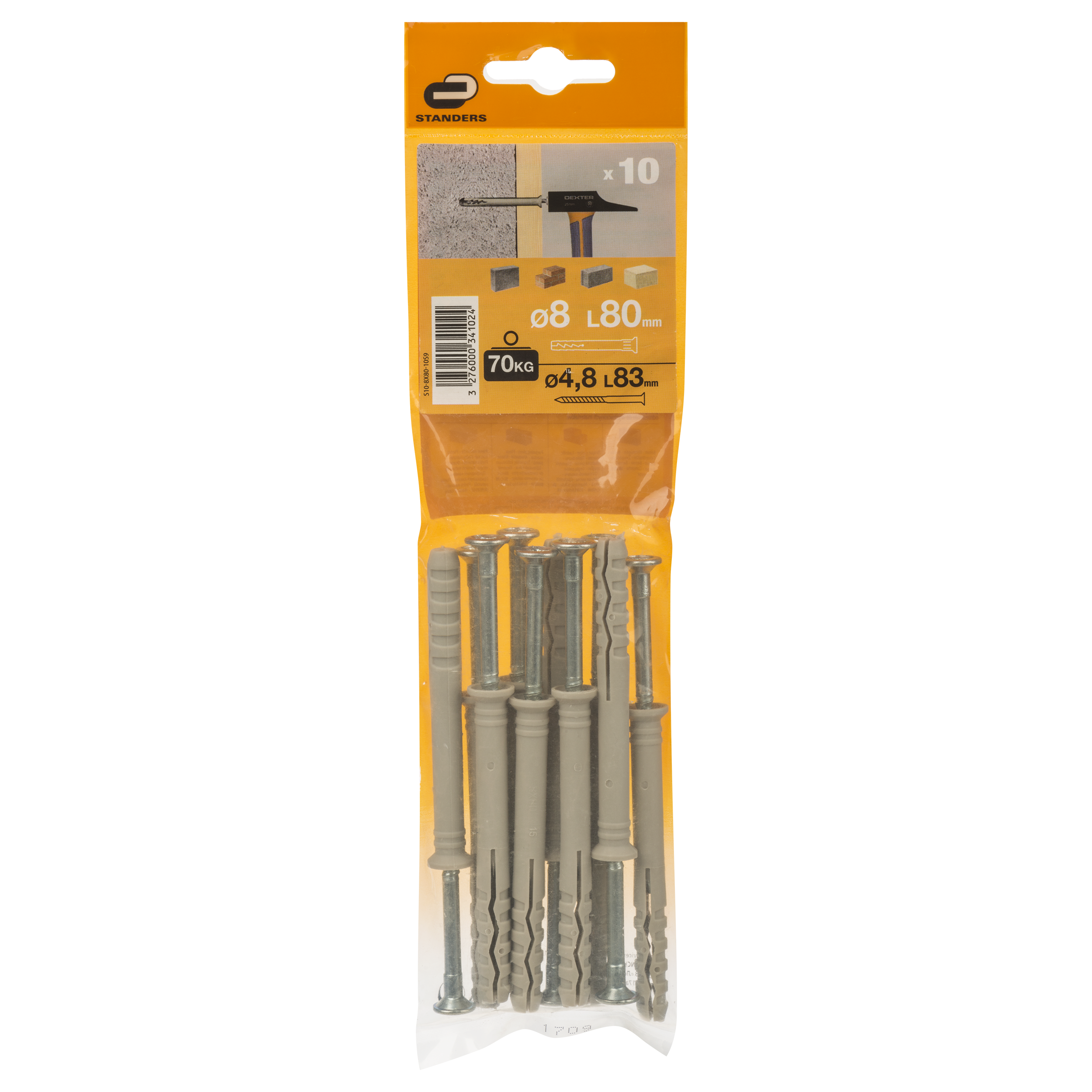 10 tacos clavar nailon materiales macizos STANDERS ø8mm y L.80 mm con tornillos
