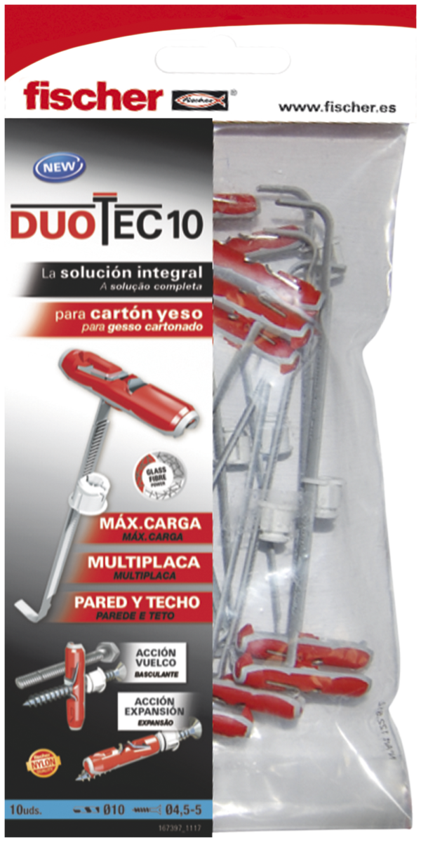 10 Tacos de vuelco fischer DUOTEC 10 sin tornillos para cargas altas en pared hueca M10