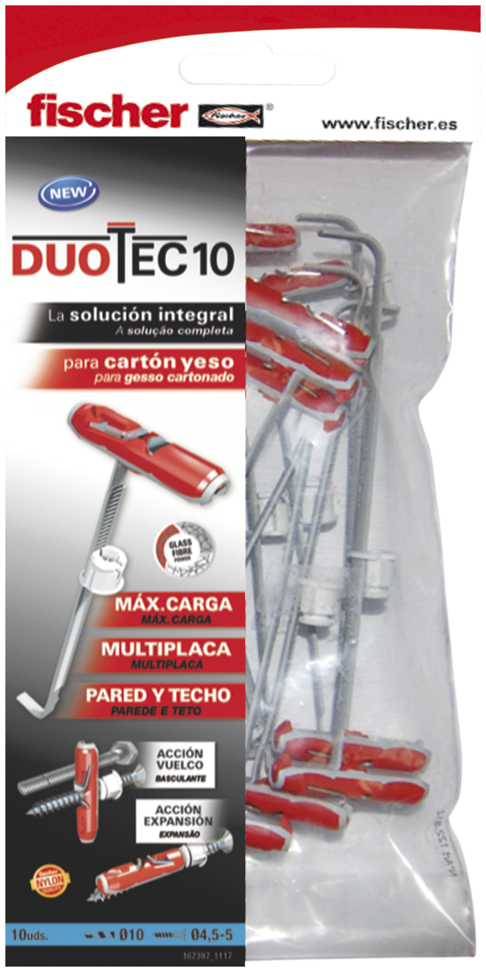 10 Tacos de vuelco fischer DUOTEC 10 sin tornillos para cargas altas en pared hueca M10