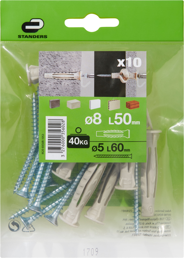 10 tacos + tornillos multimaterial STANDERS, ø 8 x L. 50 mm 10 tacos + tornillos multimaterial STANDERS, ø 8 x L. 50 mm