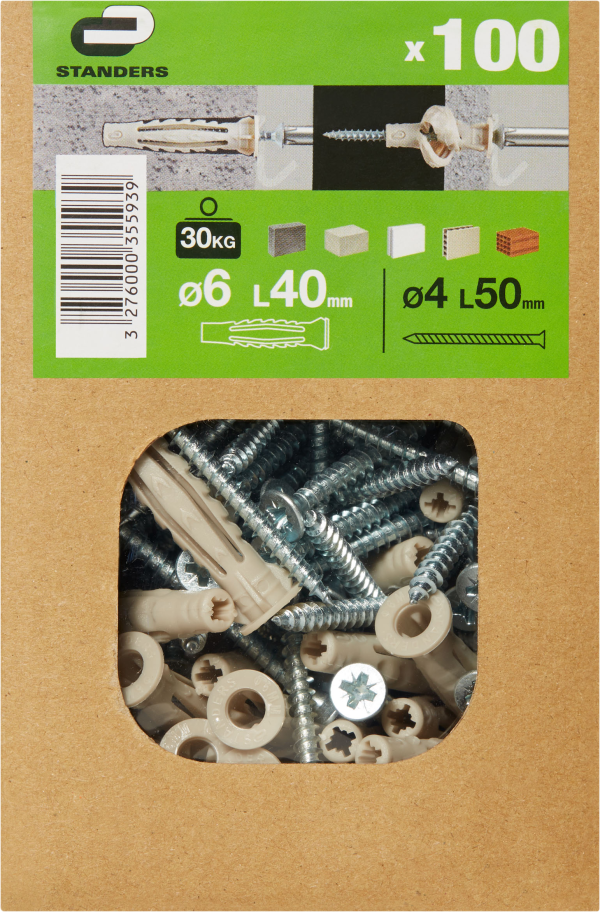 100 tacos + tornillos multimaterial STANDERS, ø 6 x L. 40 mm 100 tacos + tornillos multimaterial STANDERS, ø 6 x L. 40 mm