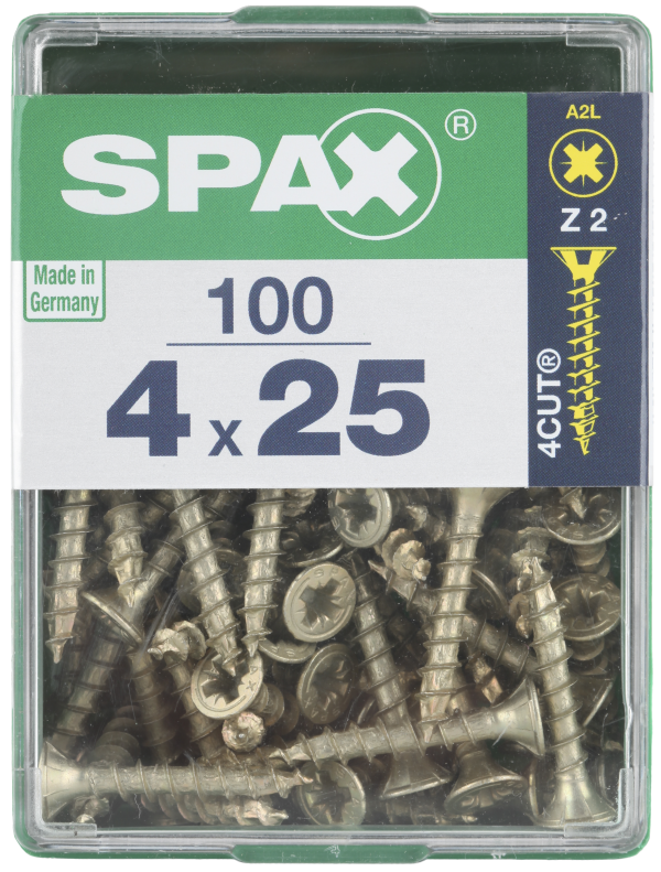 100 Tornillo para madera SPAX pozidriv con cabeza avellanada, ø 4 x L. 25 mm 100 Tornillo para madera SPAX pozidriv con cabeza avellanada, ø 4 x L. 25 mm