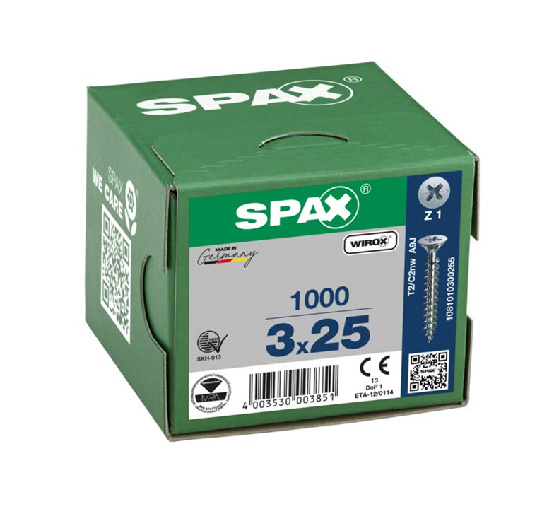 1000 Tornillo para madera SPAX pozidriv con cabeza plana, ø 3 x L. 25 mm