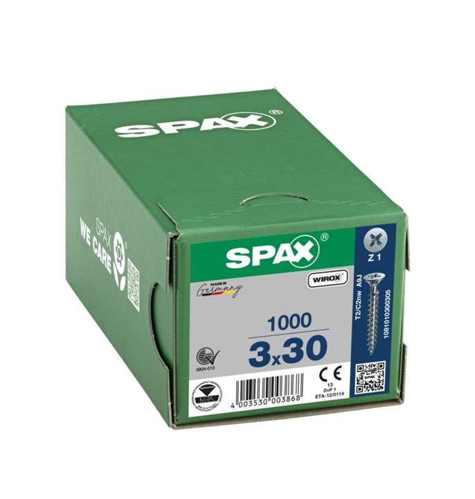 1000 Tornillo para madera SPAX pozidriv con cabeza plana, ø 3 x L. 30 mm