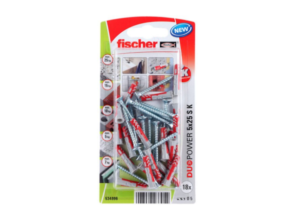 18 tacos + tornillos multimaterial FISCHER DUOPOWER , ø 5 x L. 25 mm