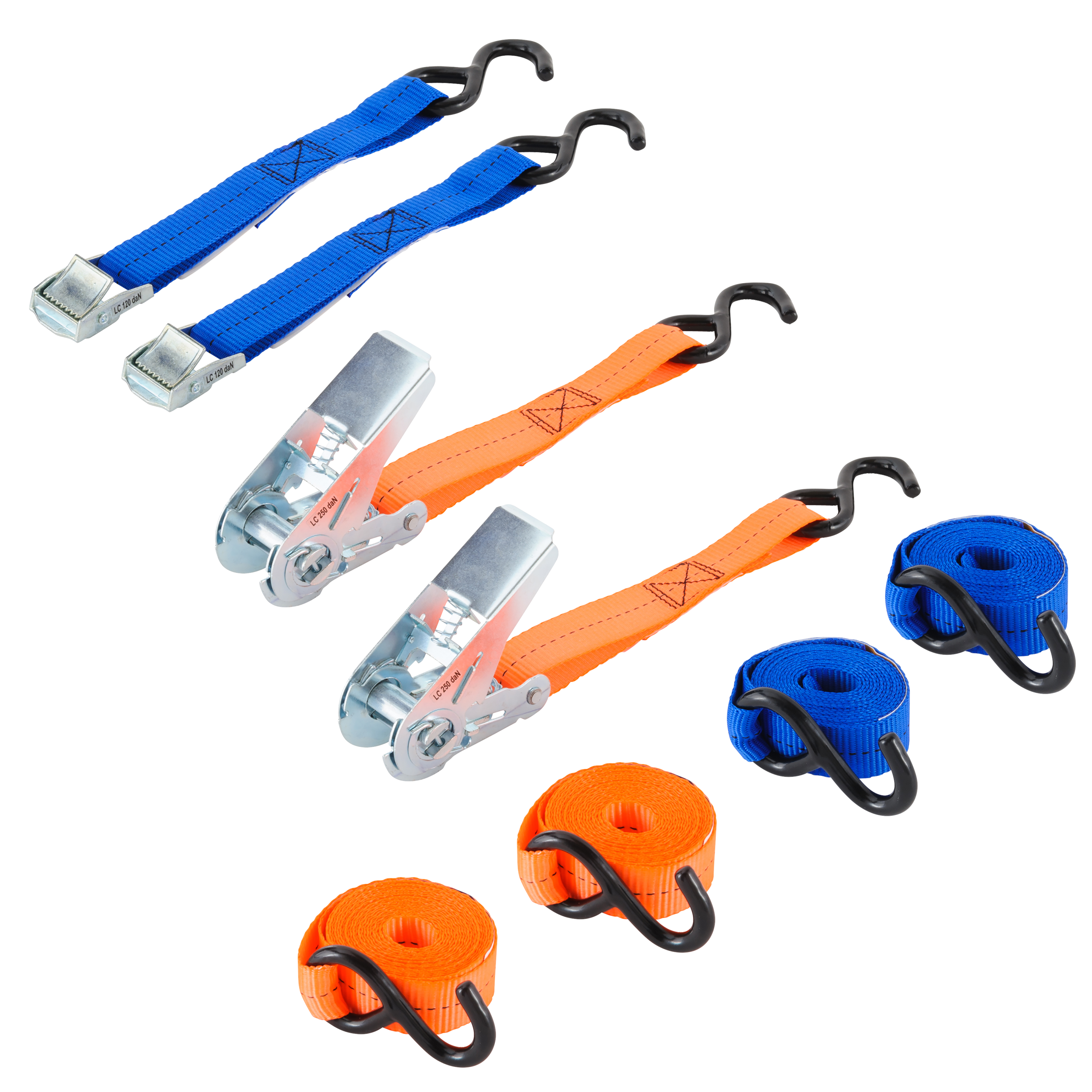 2 correas c/hebilla de leva + 2 correas c/tensor de carraca+ 4 ganchos