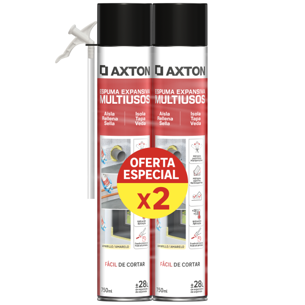 2 espumas de poliuretano AXTON multiusos 750ml para puertas, ventanas, paredes y suelos en color amarillo. Tiempo de secado 30 minutos. Aplicación manual. 2 espumas de poliuretano AXTON multiusos 750ml para puertas, ventanas, paredes y suelos en color amarillo. Tiempo de secado 30 minutos. Aplicación manual.