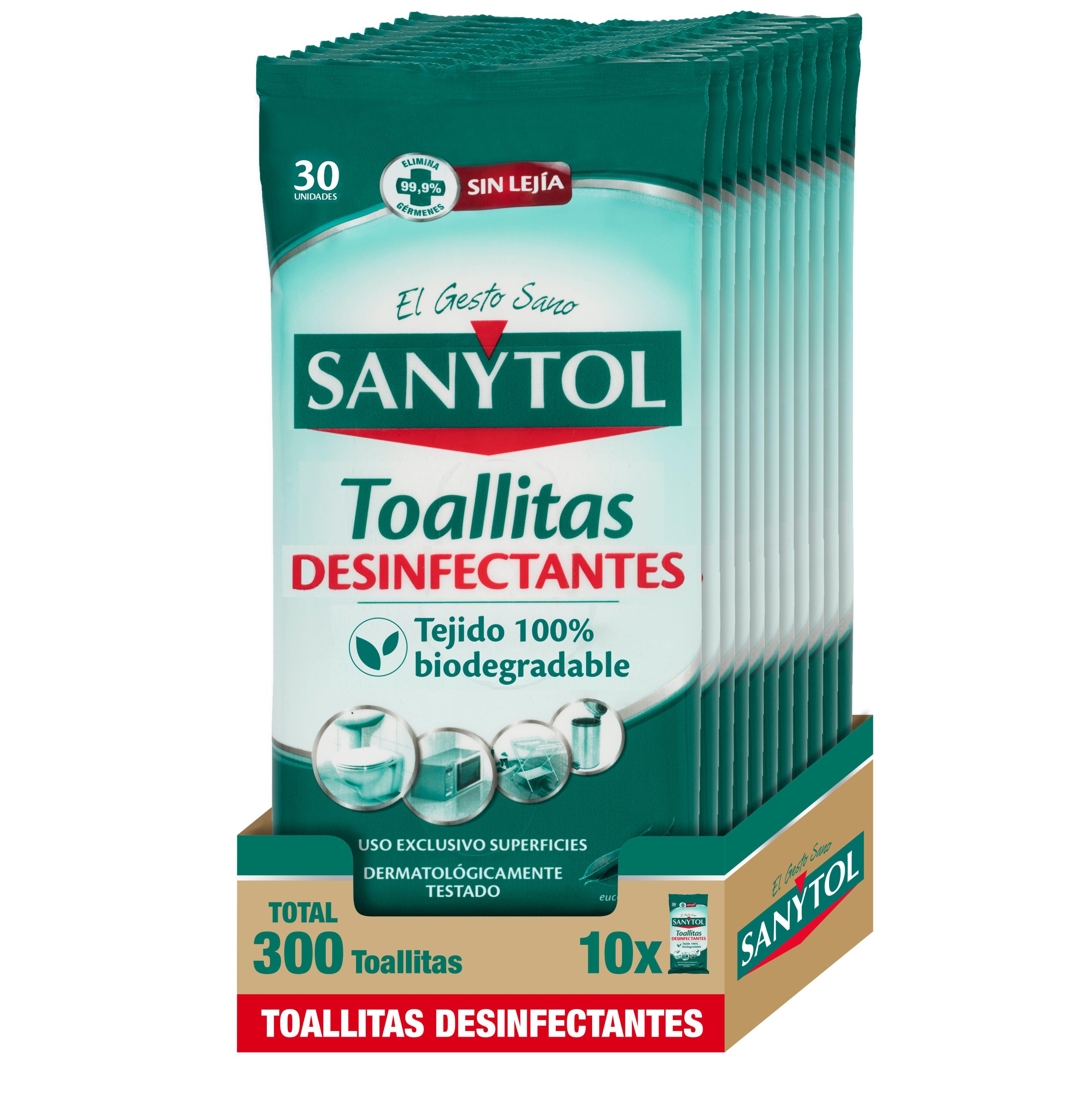 10 paquetes con 30 toallitas desinfectantes SANYTOL