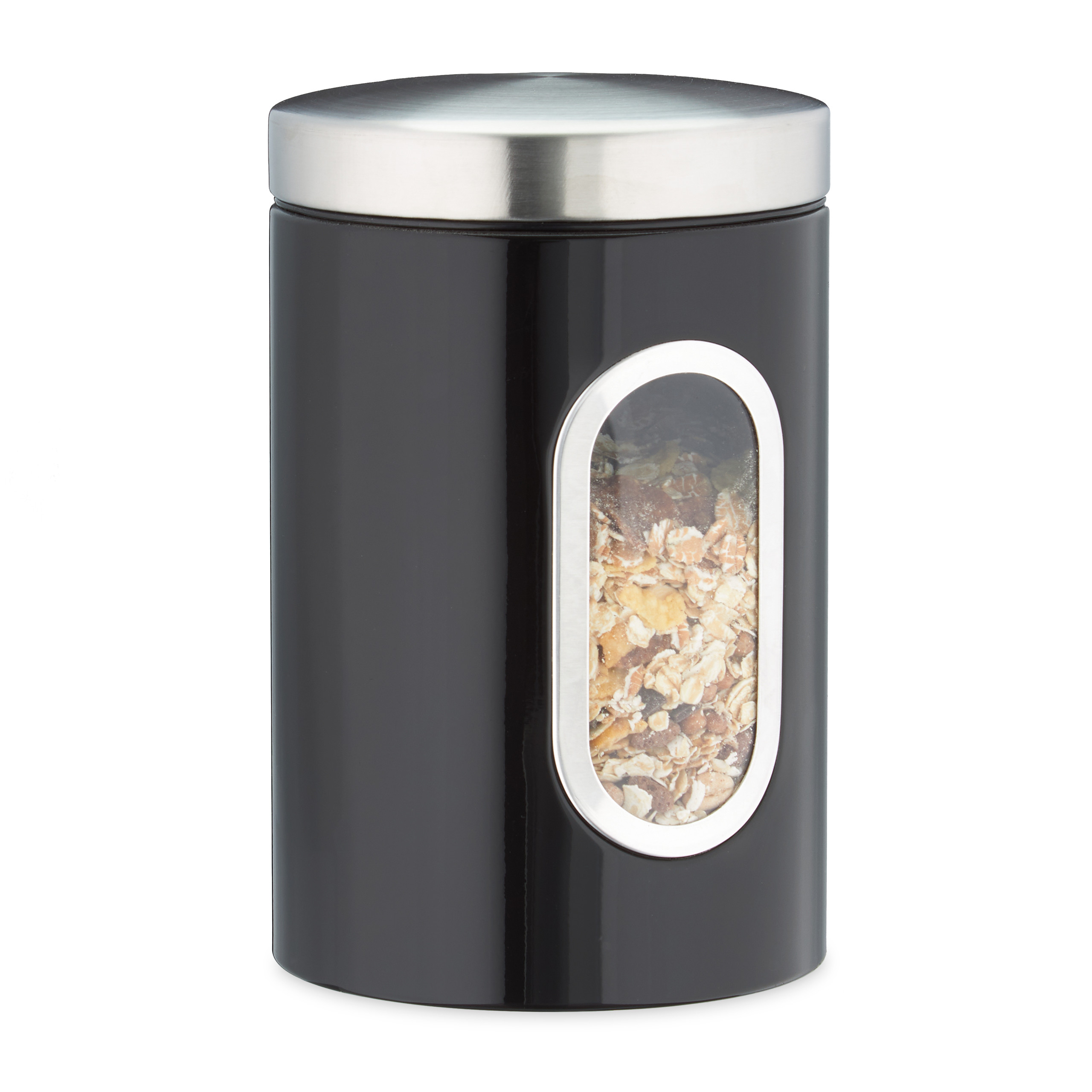 10 Recipientes Almacenamiento Cocina, con Tapa y Ventana, 1,4L, Contenedores para Café, Harina, Pasta, Bote Metal, Negro