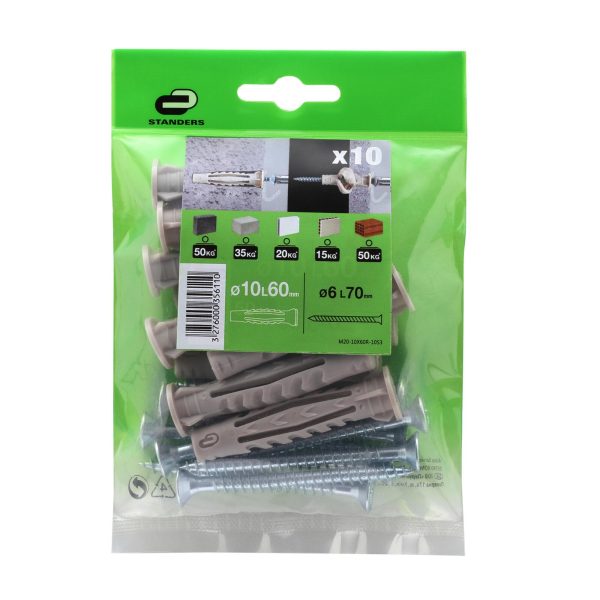 10 tacos + tornillos multimaterial STANDERS, ø 10 x L. 60 mm 10 tacos + tornillos multimaterial STANDERS, ø 10 x L. 60 mm