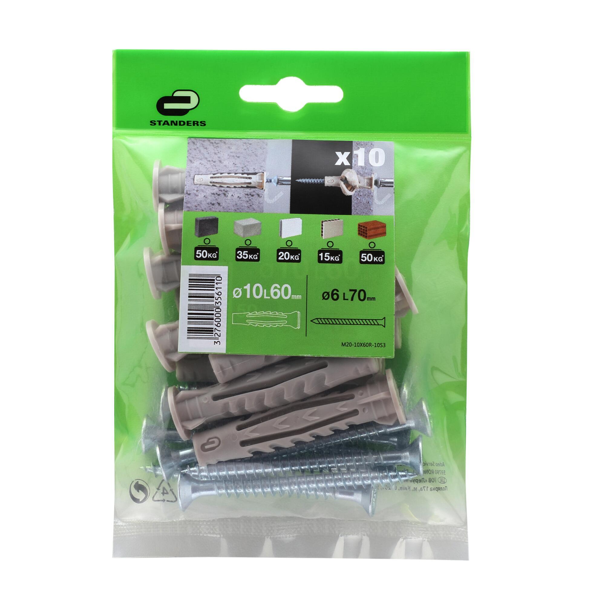 10 tacos + tornillos multimaterial STANDERS, ø 10 x L. 60 mm