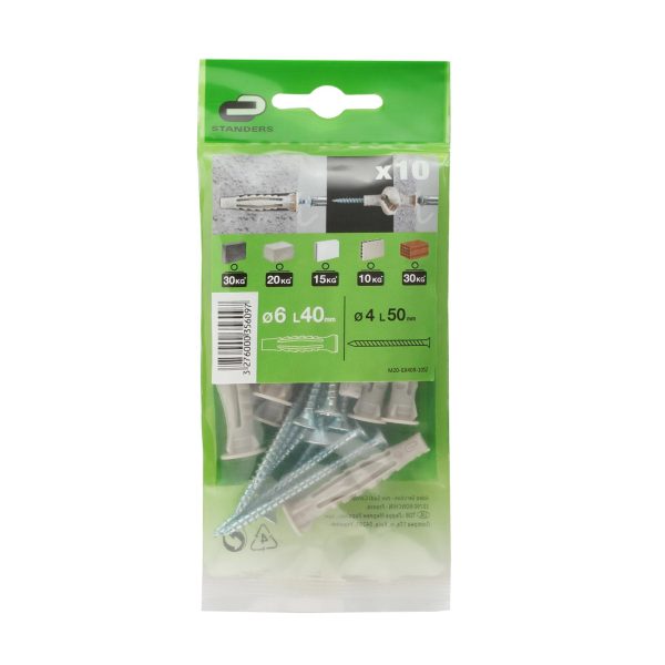 10 tacos + tornillos multimaterial STANDERS, ø 6 x L. 40 mm 10 tacos + tornillos multimaterial STANDERS, ø 6 x L. 40 mm