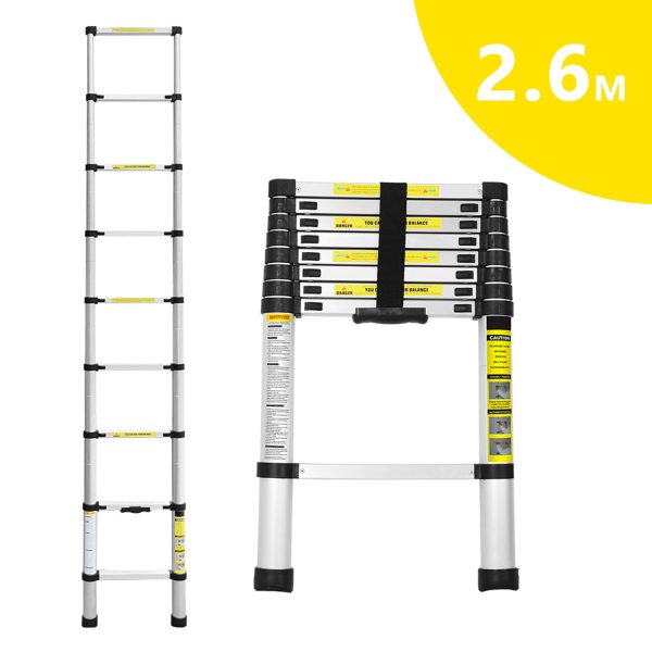 2,6 m de aluminio Escala telescópica de 2.6m, escala telescópica alta multifunción de una escalera telescópica negra 2,6 m de aluminio Escala telescópica de 2.6m, escala telescópica alta multifunción de una escalera telescópica negra