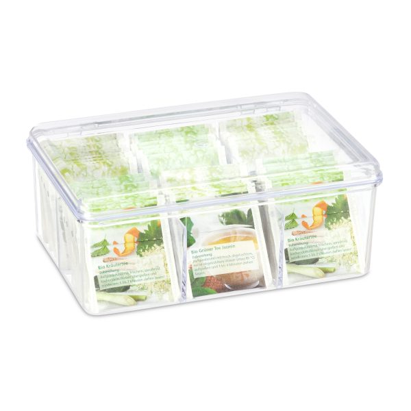 2 Cajas para Té e Infusiones, 6 Compartimentos, Bote Para 90 Bolsitas, Tapa Abatible, 9 x 21,5 x 14,5 cm, Transparente 2 Cajas para Té e Infusiones, 6 Compartimentos, Bote Para 90 Bolsitas, Tapa Abatible, 9 x 21,5 x 14,5 cm, Transparente