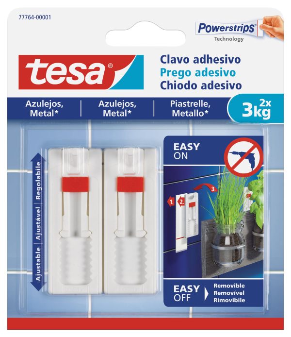 2 clavos autoadhesivo Tesa ajustable para azulejos, soporta hasta 3 Kg 2 clavos autoadhesivo Tesa ajustable para azulejos, soporta hasta 3 Kg