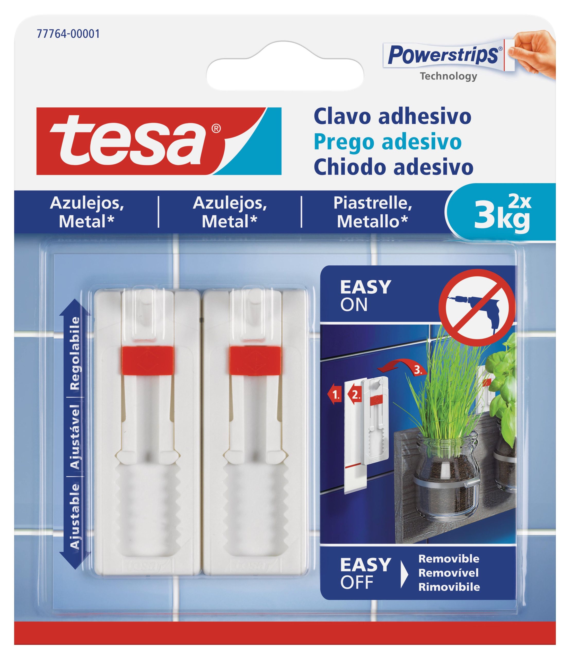 2 clavos autoadhesivo Tesa ajustable para azulejos, soporta hasta 3 Kg